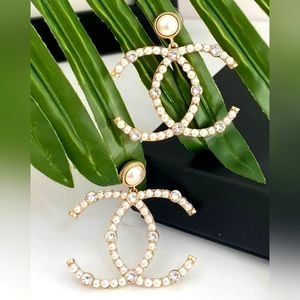 Chanel 20C Gold Metal Faux Pearl & Crystal CC Dangle Earrings XL Size